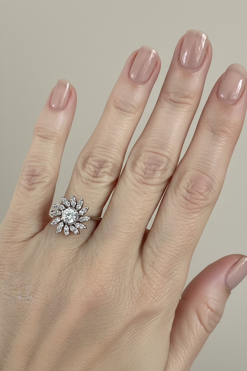 Vintage 14K white gold diamond cluster ring, additional view