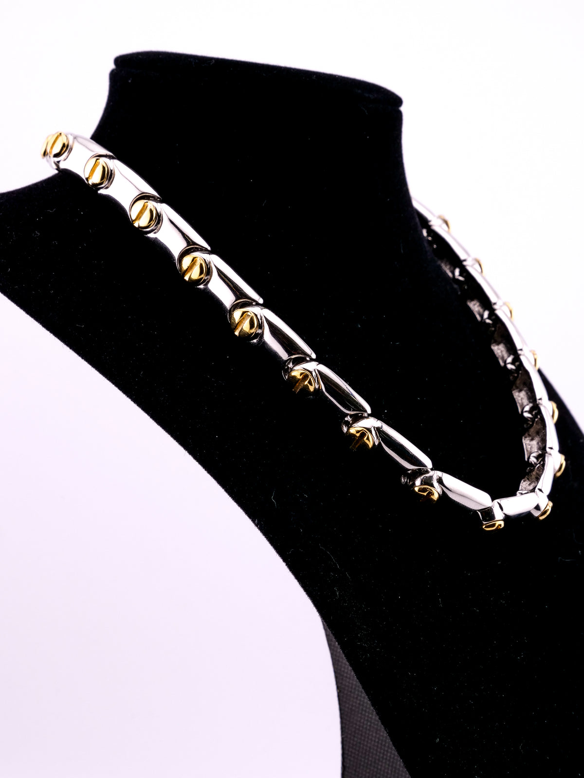 Industrial Heiress vintage two tone tubular link collar necklace with gold tone screw details
