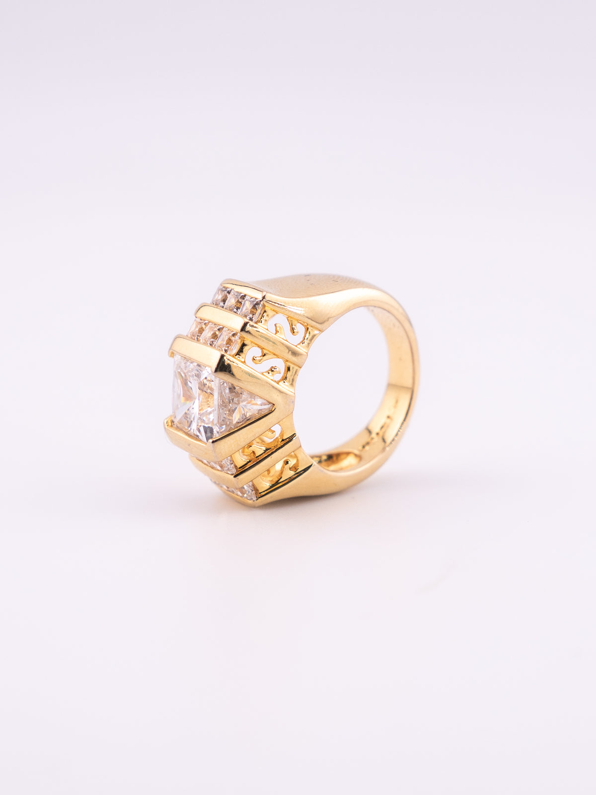 The Cathedral Steps 18k gold plated sterling silver statement ring with tiered clear stone setting