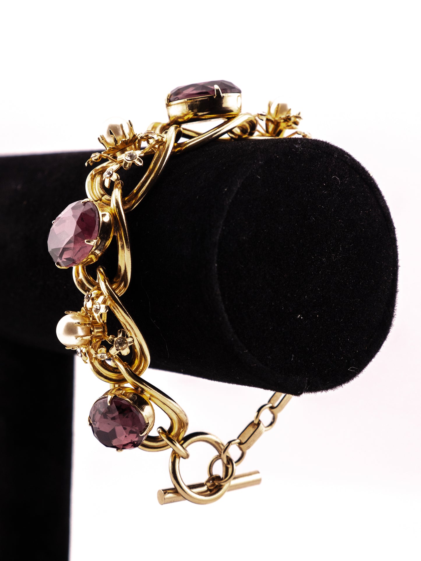 The Amethyst Scroll - Victorian Revival Purple Stone & Faux Pearl Bracelet