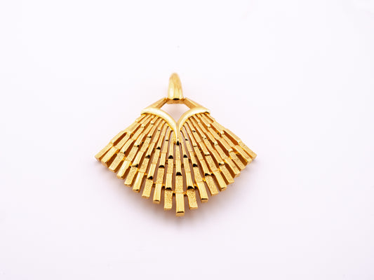 Vintage Crown Trifari gold tone fan pendant with graduated brushed bars radiating from a V-shaped yoke