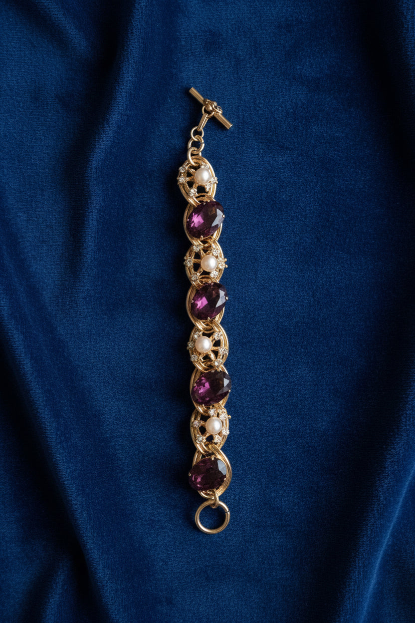 The Amethyst Scroll - Victorian Revival Purple Stone & Faux Pearl Bracelet