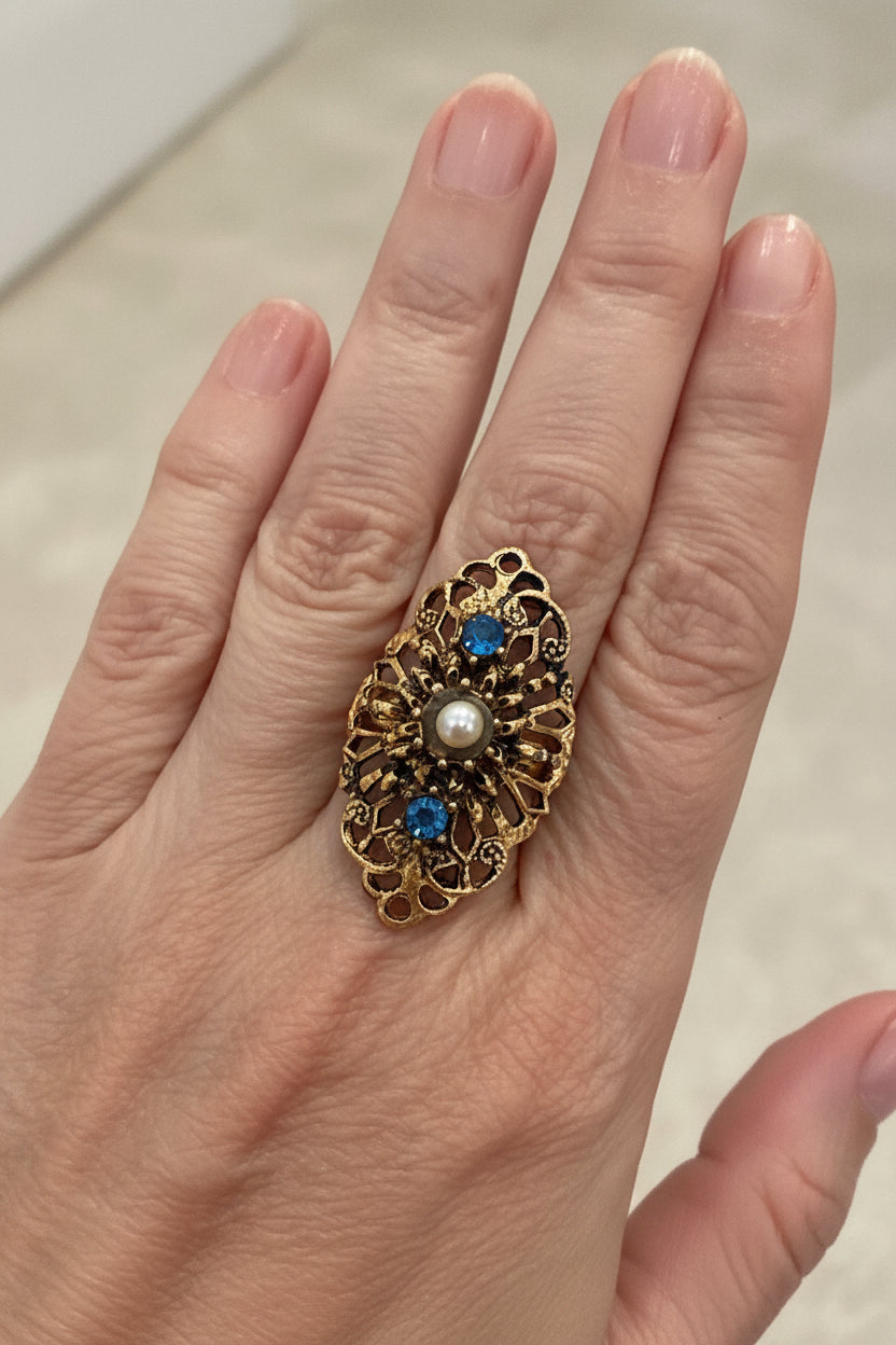 The Aunt Cordelia Ring — Filigree Pearl & Sapphire Cocktail Ring