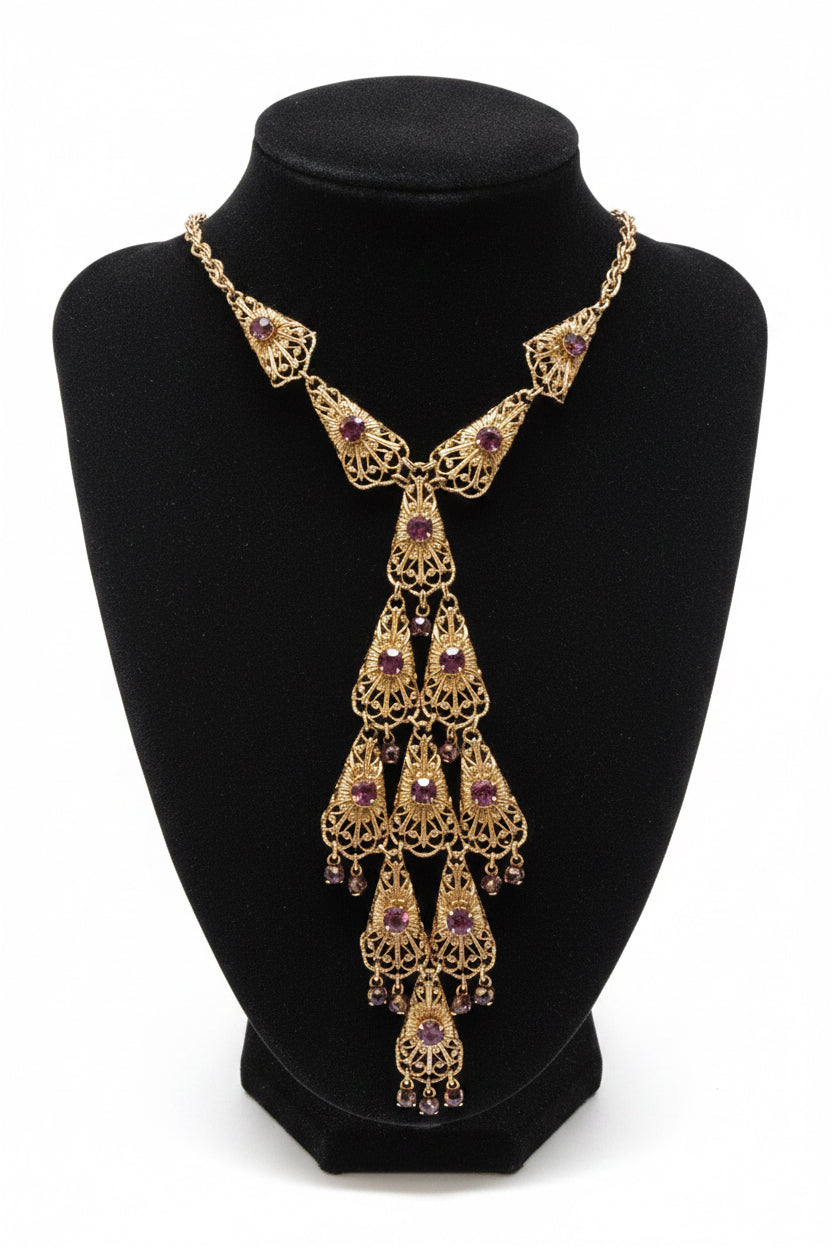 The Pompeii Cascade — Etruscan Revival Style Filigree Bib Necklace with Purple Rhinestone Drops