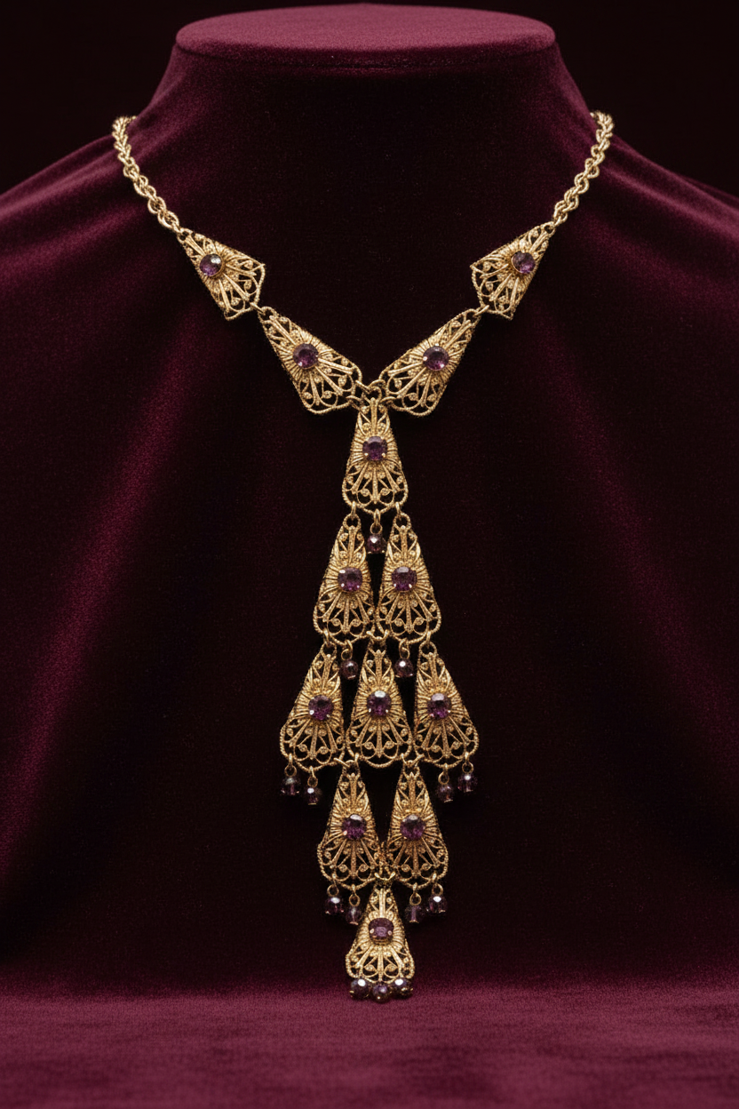The Pompeii Cascade — Etruscan Revival Style Filigree Bib Necklace with Purple Rhinestone Drops
