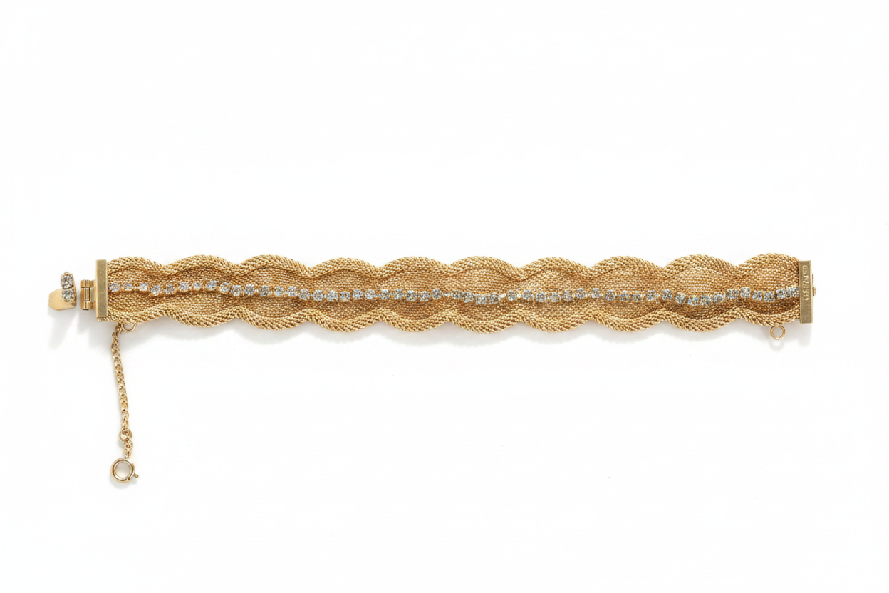 The Carnegie Ribbon — Signed Hattie Carnegie Vintage Gold Tone Mesh Rhinestone Bracelet