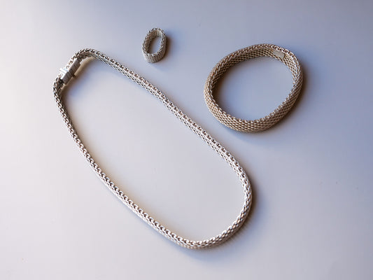 The Silver Veil

1970s Tiffany & Co. Somerset Mesh Necklace, Bracelet, and Ring Set