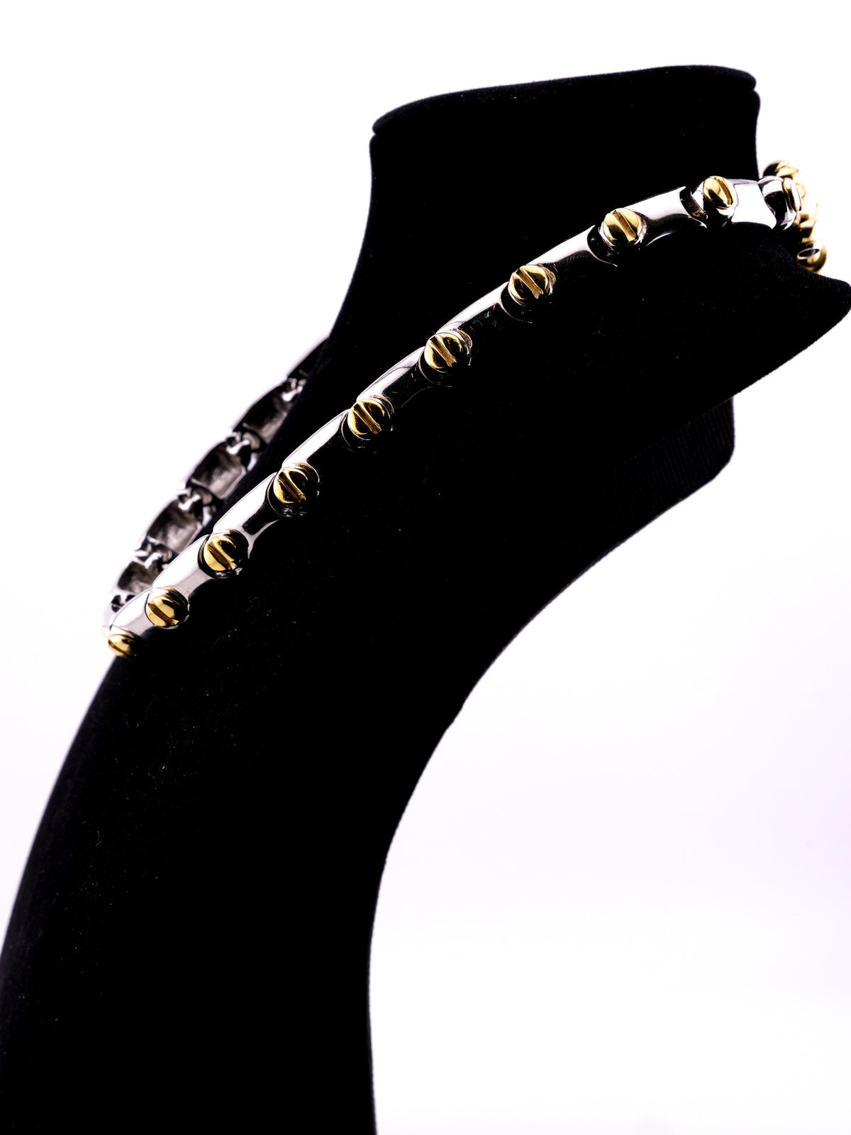 Industrial Heiress vintage two tone tubular link collar necklace with gold tone screw details