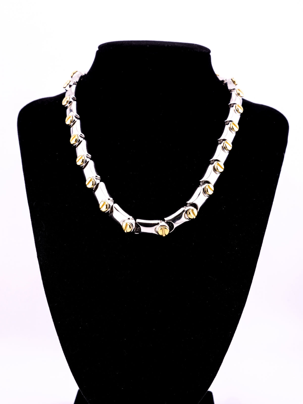 Industrial Heiress vintage two tone tubular link collar necklace with gold tone screw details
