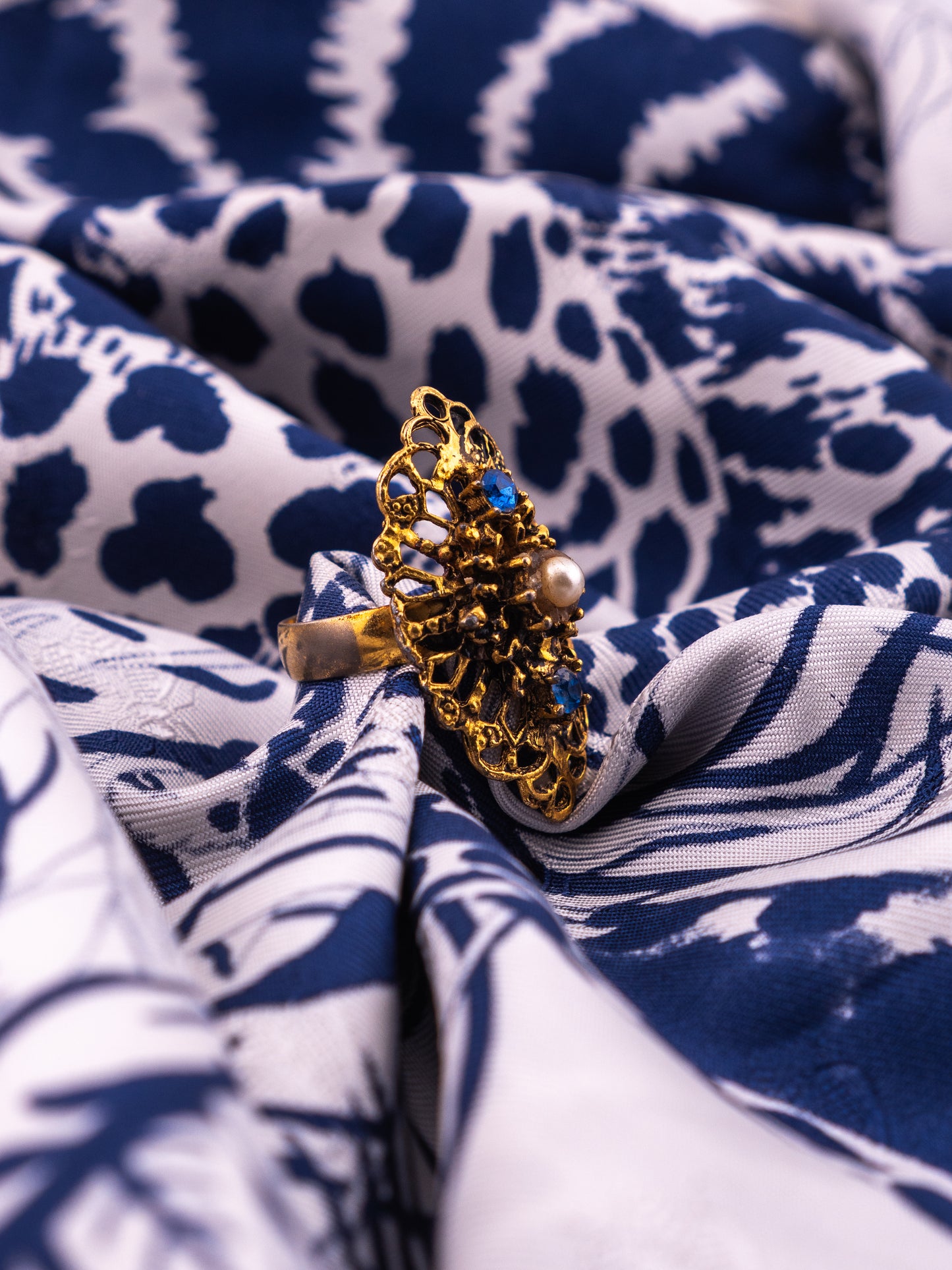 The Aunt Cordelia Ring — Filigree Pearl & Sapphire Cocktail Ring