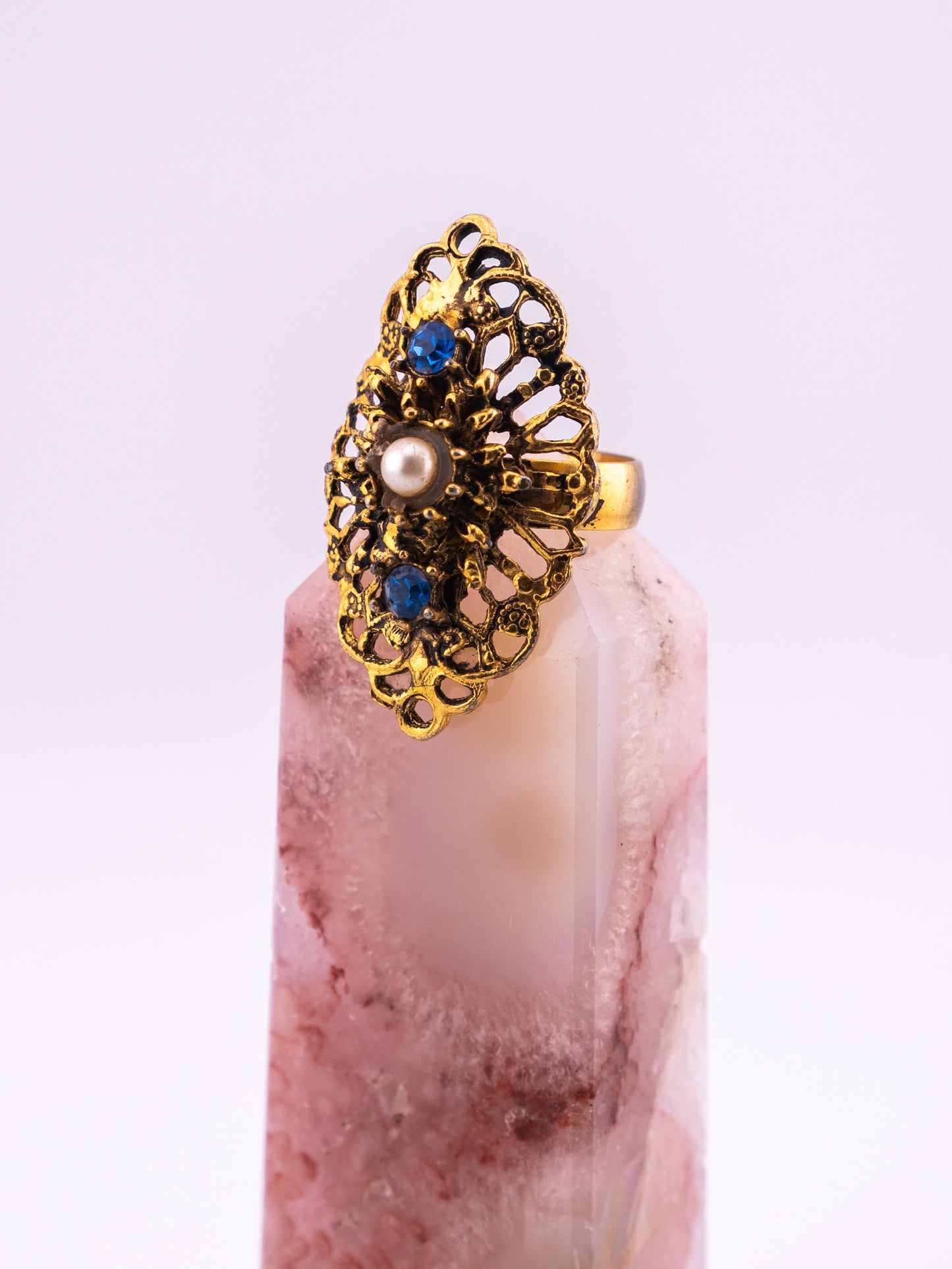 The Aunt Cordelia Ring — Filigree Pearl & Sapphire Cocktail Ring