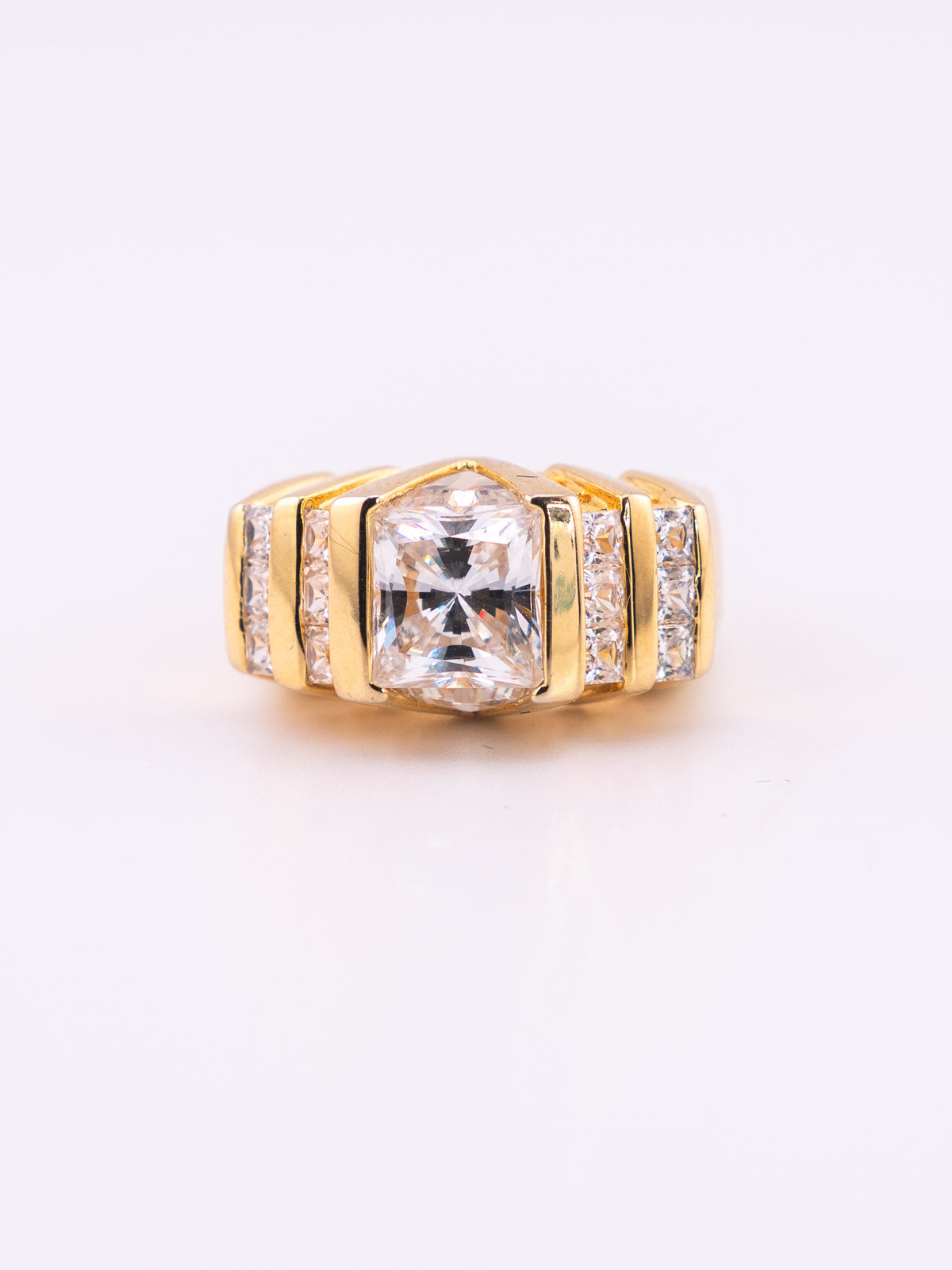 The Cathedral Steps 18k gold plated sterling silver statement ring with tiered clear stone setting
