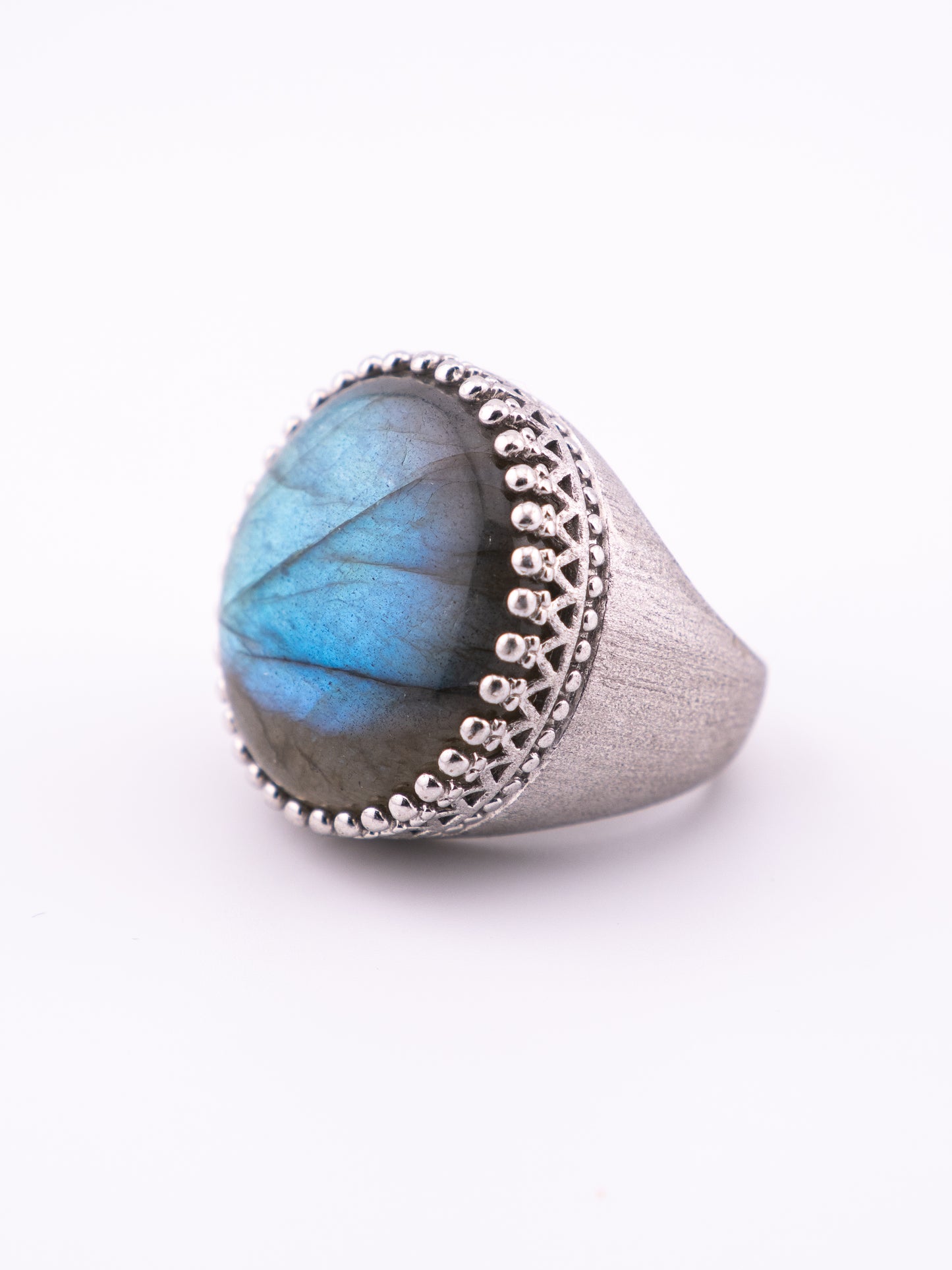 Lunar Goddess brushed sterling silver ring with round labradorite cabochon in beaded bezel