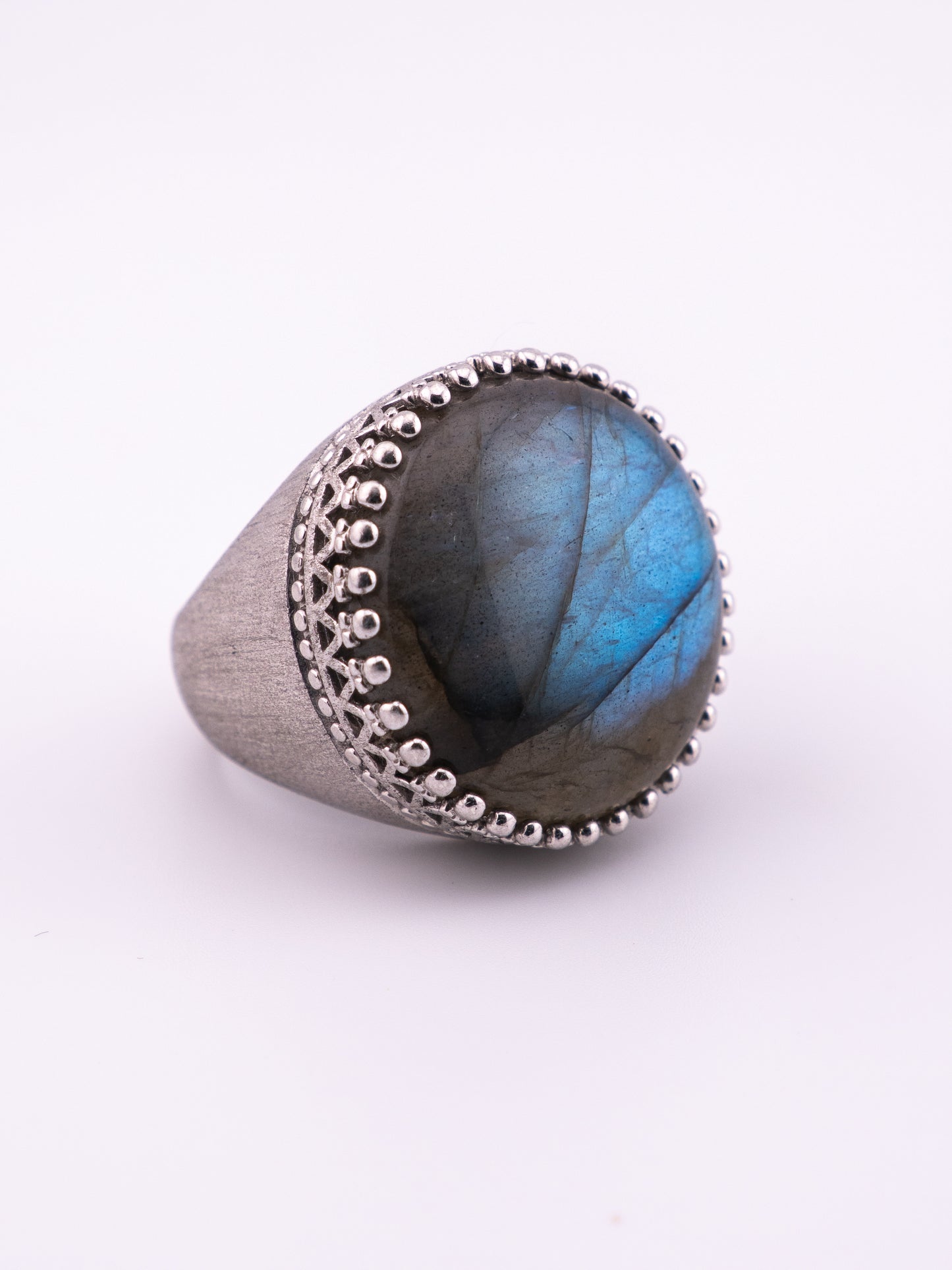 Lunar Goddess brushed sterling silver ring with round labradorite cabochon in beaded bezel