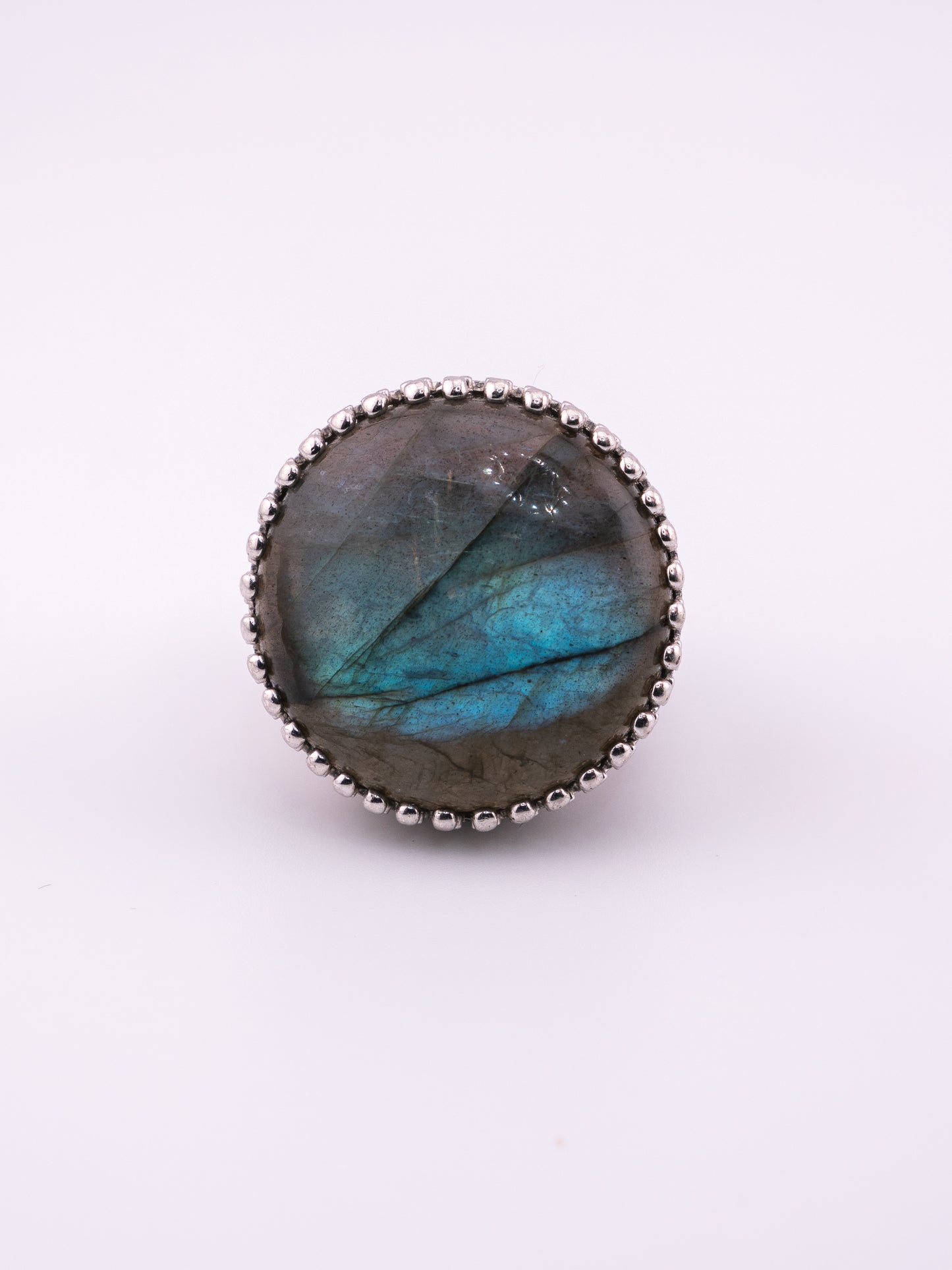 Lunar Goddess brushed sterling silver ring with round labradorite cabochon in beaded bezel
