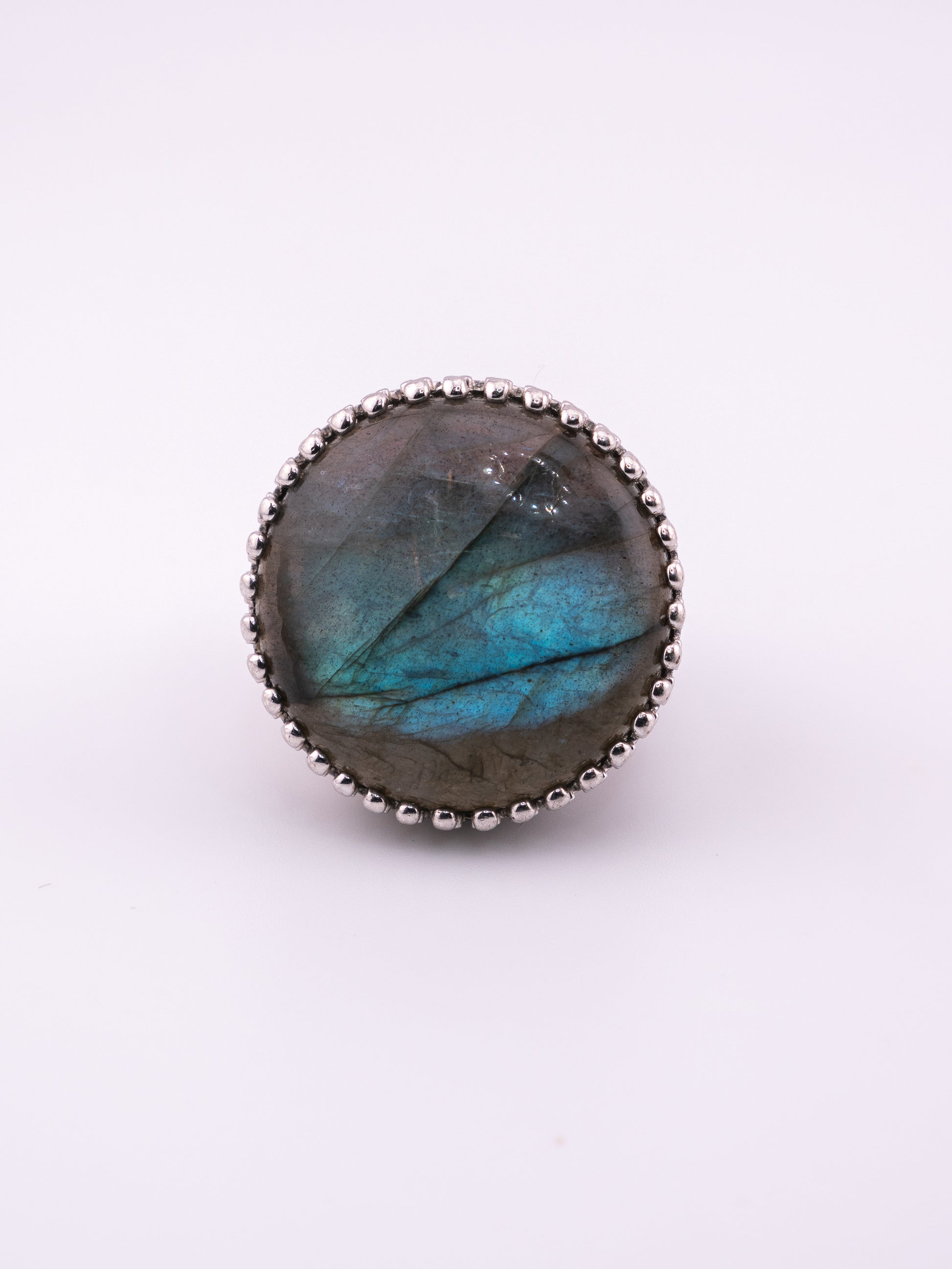 Lunar Goddess brushed sterling silver ring with round labradorite cabochon in beaded bezel